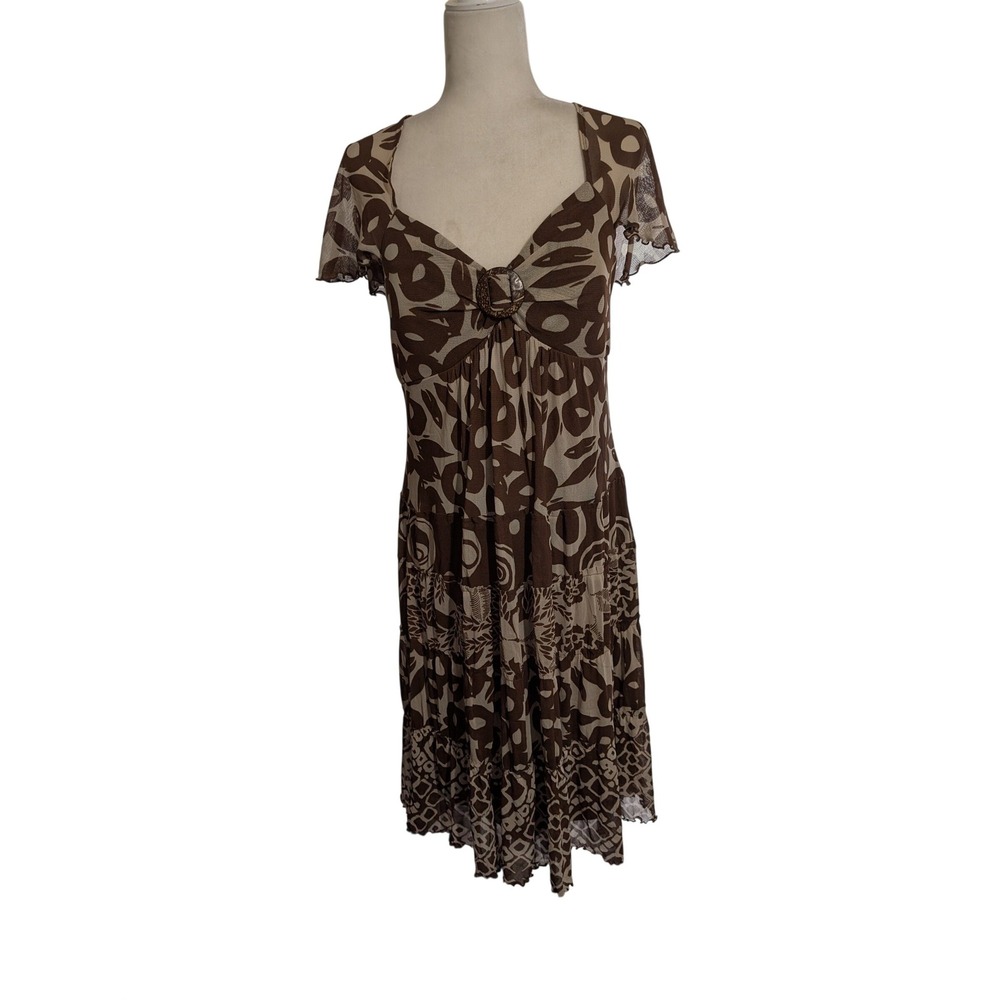 Sangria Dress 14 Brown Tan Abstract Print Tiered Mesh Midi  Sleeveless  Boho‎